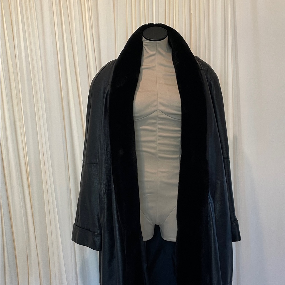 Woman’s Black Leather Coat Faux Fur Trim